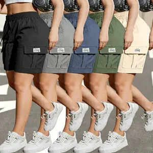 Women’s summer 5-piece cargo shorts set featuring elastic waistband, side pockets, and drawstring design—ideal for outdoor activities and casual wear.summervibes