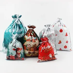 18 Pcs Christmas Drawstring Gift Bags Set, Assorted Plastic Goody Bags for Holiday Party Favors, Treats, Presents, Festive Designs, Party Favors Assortment