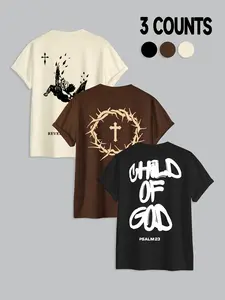 Men's 3-Pack Religious T-Shirts, Oversized Christian Geometric Graphic Tees, Child of God Faith over Fear, Sporty Fitted Long Streetwear