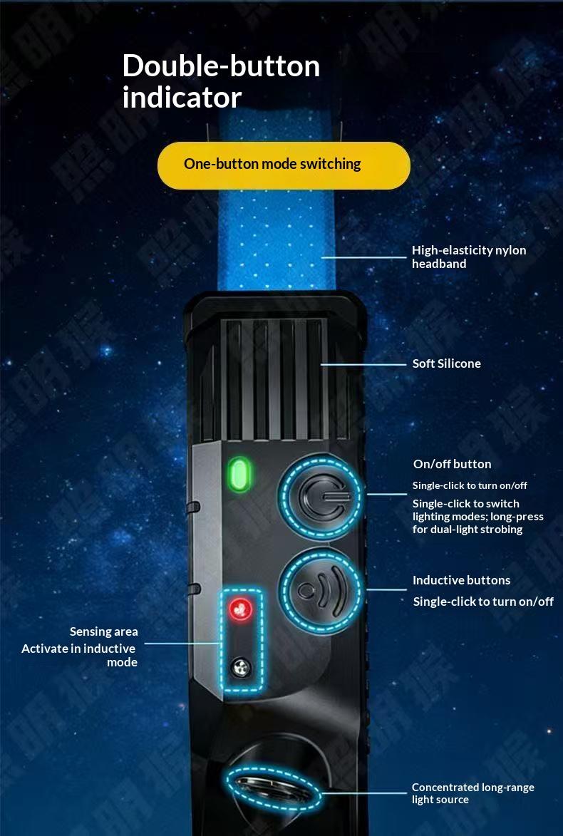 Silicone headlight LED mini multifunctional wave sensing head mounted light COB outdoor fishing and hiking strong light far and near bald head light | Multi level adjustment | Ultra lightweight and portable