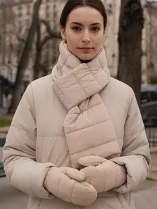 Two Piece Quilted Puffer Scarf & Matching Mittens Set Beige Solid Color Winter Accessories Set for Outdoor Travel & Casual City Walks