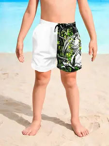 Boys' Jungle Fish Jump Printed Colorblock Beach Shorts, Quick-Dry Breathable Outdoor Fishing Style Swim Trunks