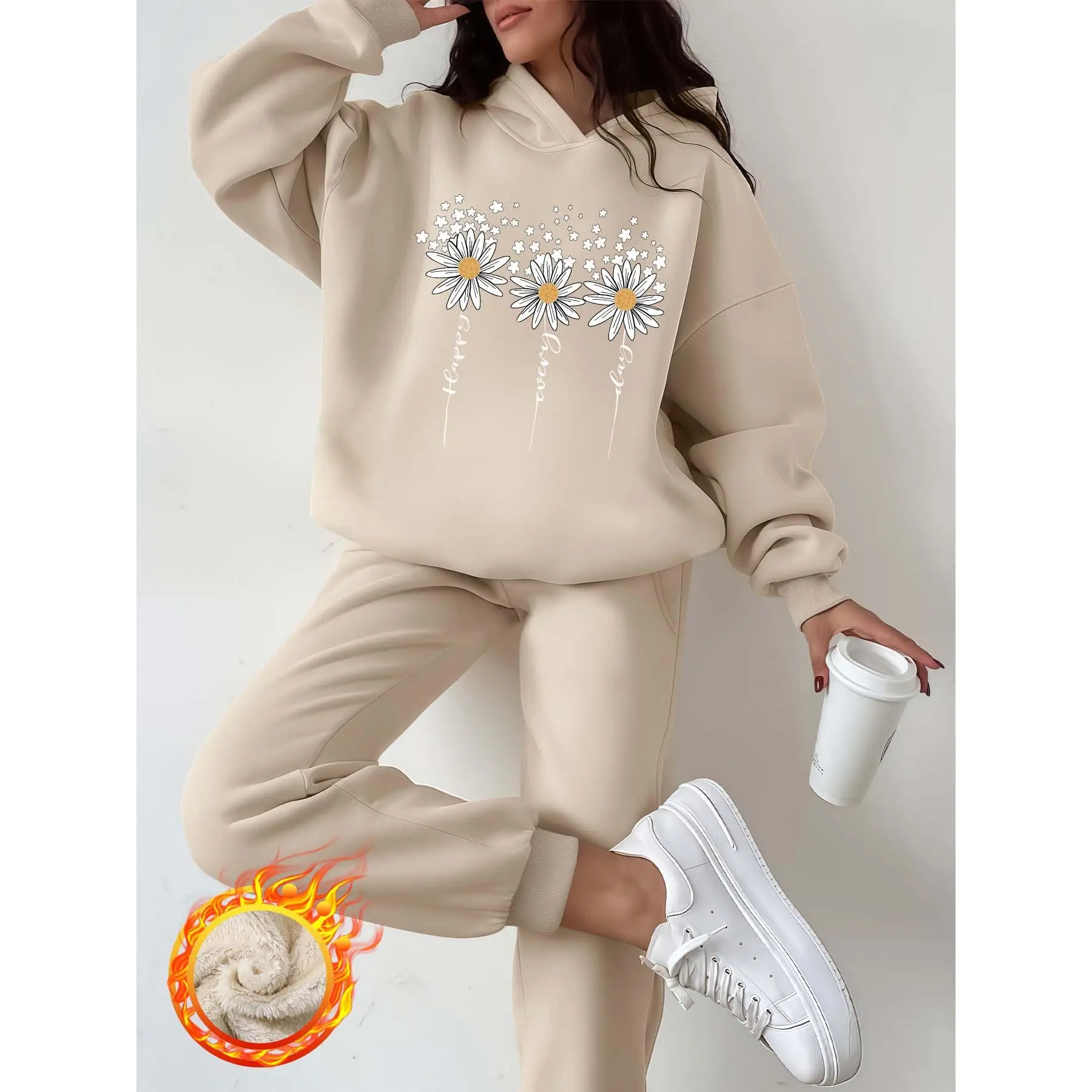 2-Piece Set, Three Daisies and Stars and Letters Pattern, Fashionable Hooded Casual Sweatshirt and Jogger Pants Set, Long Sleeve Long Pants Set, Suitable for Autumn and Winter Travel and Jogging matching  set  outfit