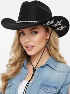 Shiny Star Party Hat with Rhinestones, Western Style Cowboy Hat, Elegant Plain Wide Brim, Fashion Accessory for Music Parties, Party Accessories