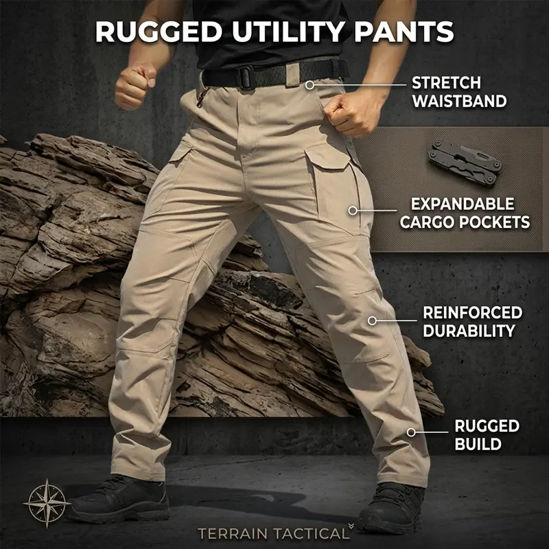 Men’s straight-leg tactical cargo pants for autumn/winter with an elastic waistband; practical workwear style featuring a plaid rip-resistant fabric, expandable pockets, and reinforced stitching. Suitable for everyday outings, home wear, gatherings, commu
