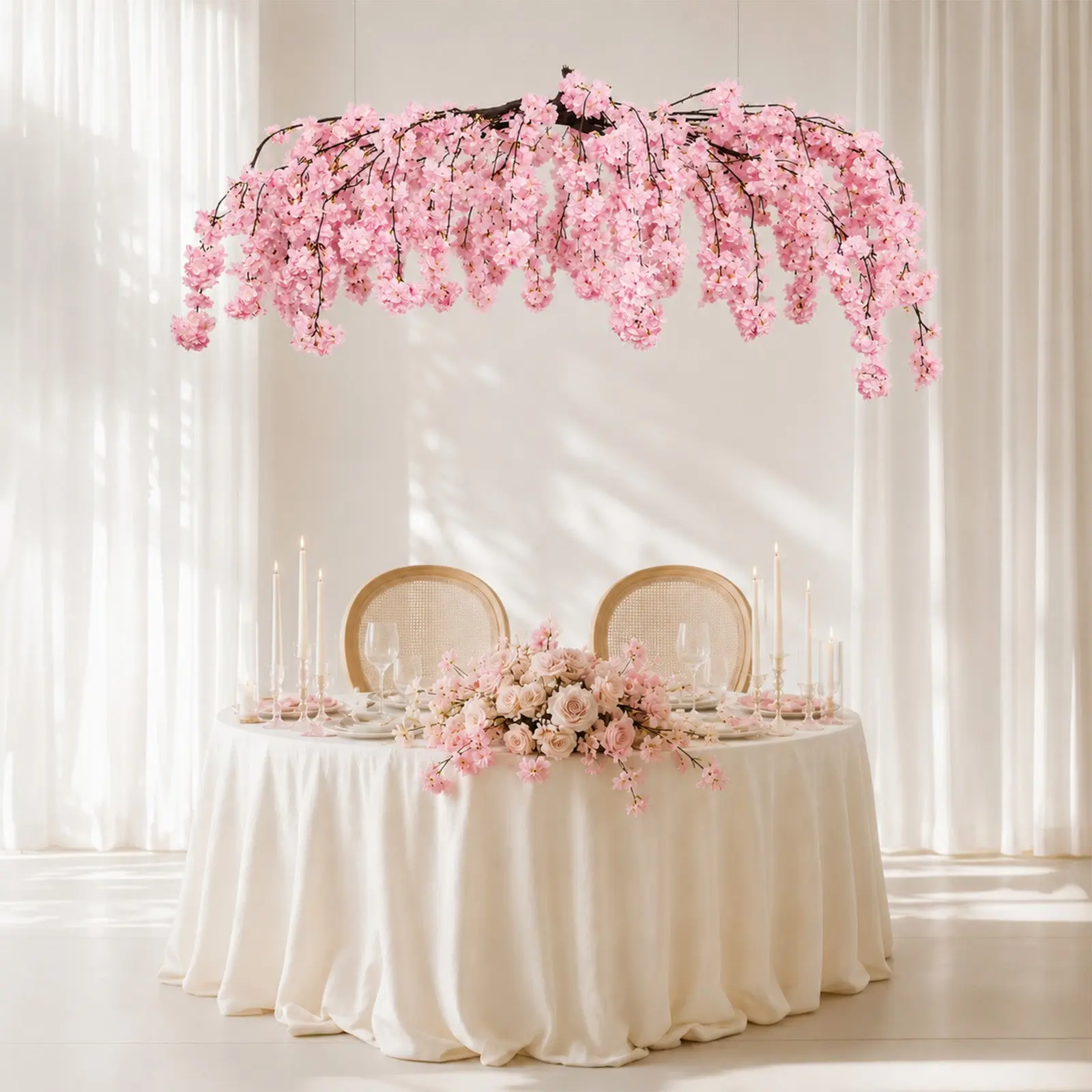 Cherry Blossom Floral Chandelier 60" Blush – Hanging Artificial Silk Flower Ceiling Canopy with Interchangeable Branches