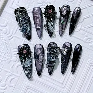 1 Set Gothic Press- Nails Suitable for Hands - Black Almond Medium-Length Hand Nails with Spider Web & Synthetic Gemstone, Glossy for Daily Wear & for Halloween Costume, Dark Gothic
