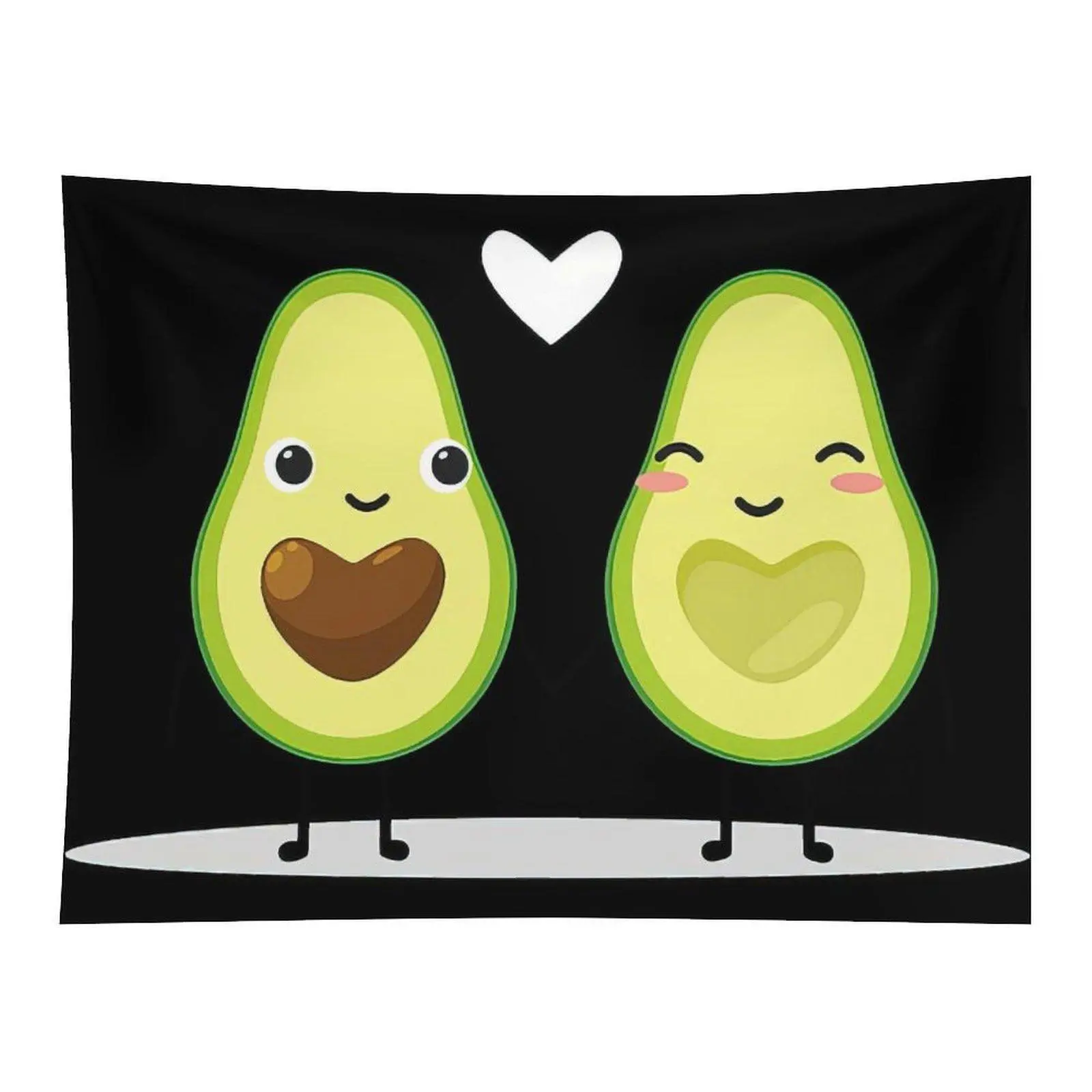 Kawaii Cute Cartoon Avocado Couple Tapestry - Smiley Face, Sweet Love Heart, Black Background, Fabric Textile, Machine Washable Home Decor for Bedroom Indoors