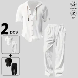 Men’s two-piece set: short-sleeve hooded top and long pants for summer, made from soft linen, featuring a drawstring Henley collar—casual outfit.