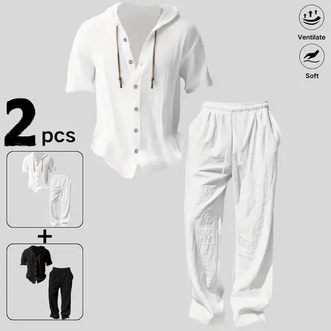 Men’s two-piece set: short-sleeve hooded top and long pants for summer, made from soft linen, featuring a drawstring Henley collar—casual outfit.