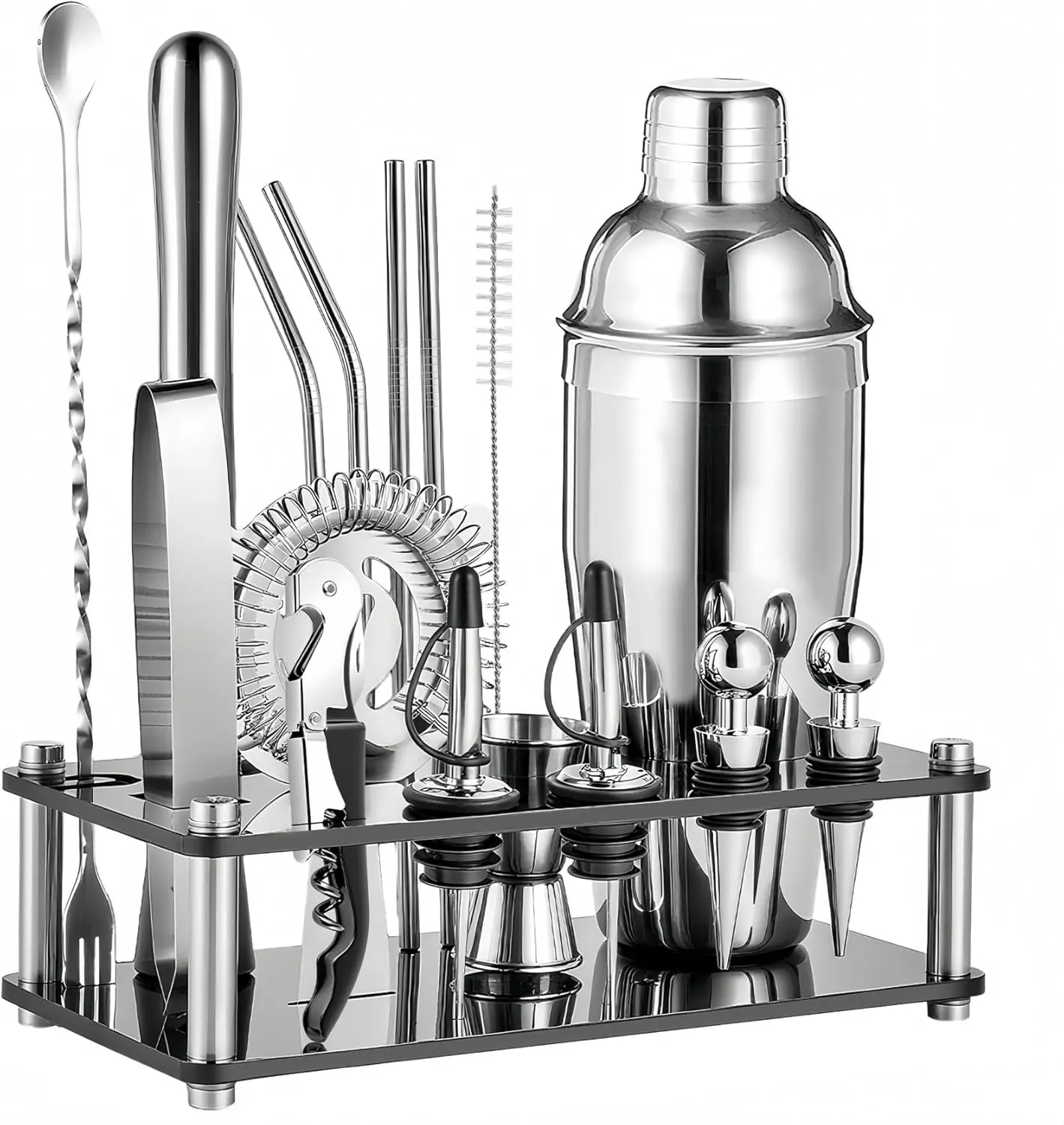 18- Professional  Shaker Set and Bartender Kit with Stand, Stainless Steel Bar Tools  Set with Muddler, Jigger, Mixing Spoon for  Bar and Mixology