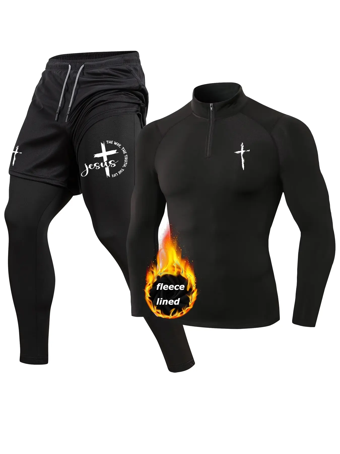 Jesus Cross Print Fall Winter Workout Running Athletic Clothing Set for Men, Thermal Warm Fleece Lined Baselayer, Zippered Mock Neck Long Sleeve Compression Shirt, Quick Dry 2-in-1 Leggings Pants with Phone Pocket, Towel Loop, Zipper Pocket