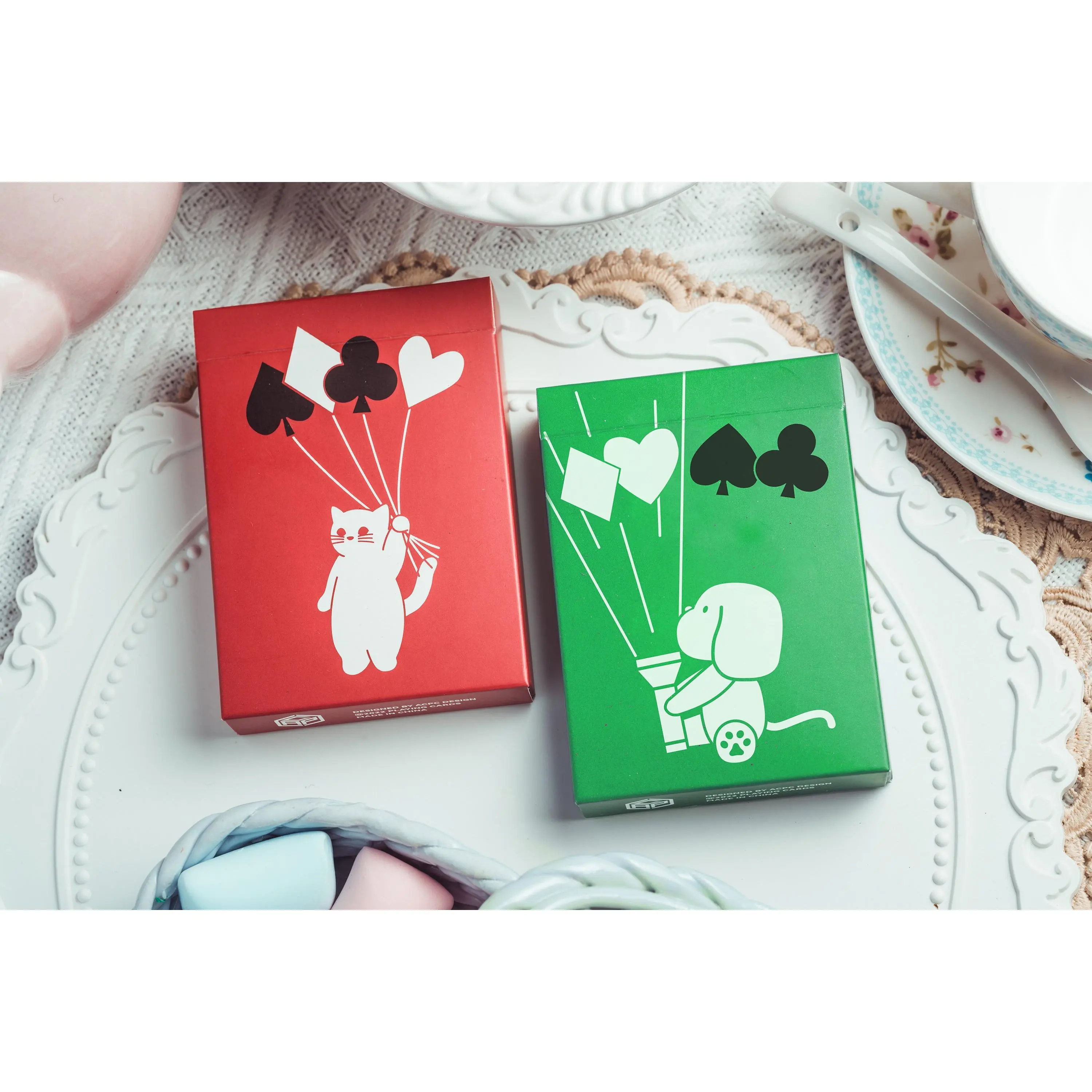 The Cat’s & Dog’s Diary Playing Cards - Red & Green Designs Featuring Cat & Dog Characters with Unique Card Layouts