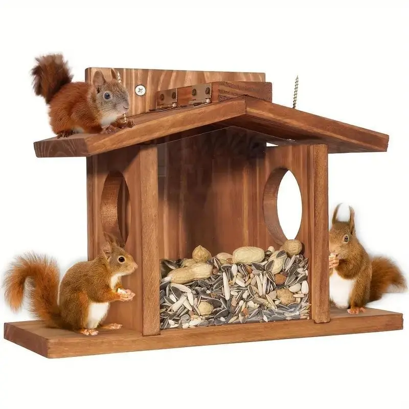 Wooden Squirrel Feeder Set, Winter Outdoor Squirrel Feeder, Corn and Peanut Wood Squirrel Feeder, Durable Box, Easy to Fill, Detachable Front Panel