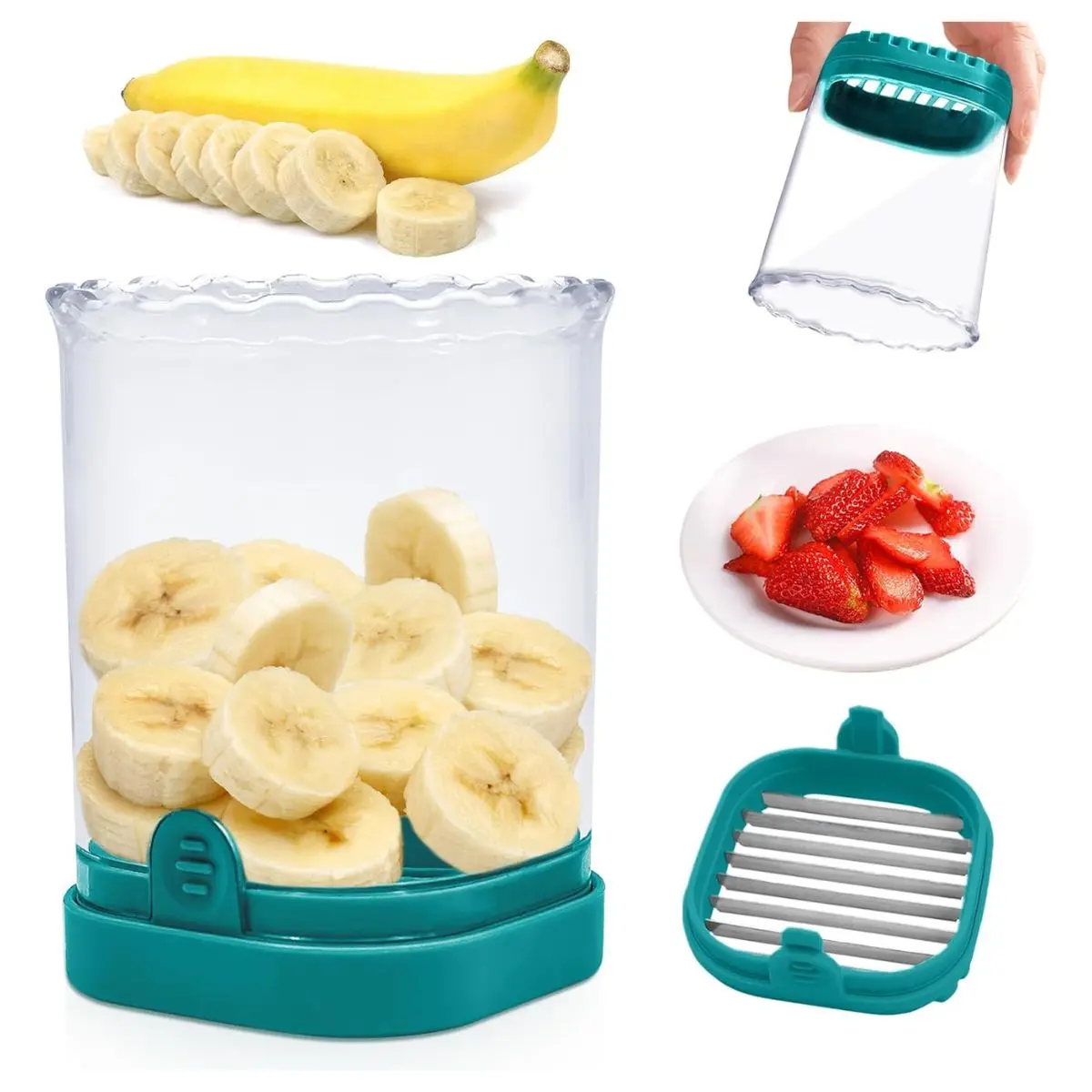 Fruit Slicer Cup – Strawberry Cutter Tool, Banana & Grape Speed Kitchen Slicer (Dark Blue)