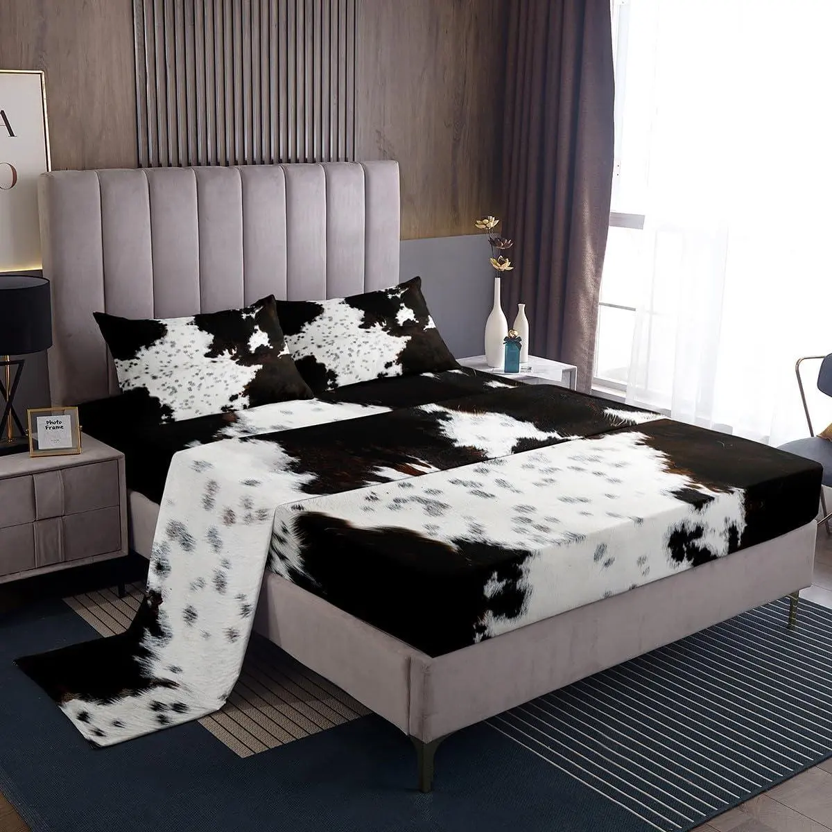Abstract Cow Fur Print Sheet Set,-,White Brown Cowhide Print Bedding Set,4pcs with Fitted Sheet + Flat Sheet +,Kids Boys Girls Room Decor