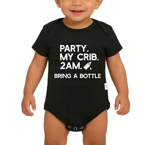 [Gentle Care] Party My Crib" Fun Letter Print Baby Bodysuit - Soft Cotton, Short Sleeve, Round Neck Romper for Boys & Girls, Machine Washable, Ideal for Casual Wear, Baby Casual Wear | Short Sleeve Romper | Skinfriendly Fabric, Baby Clothes, Perfect for O