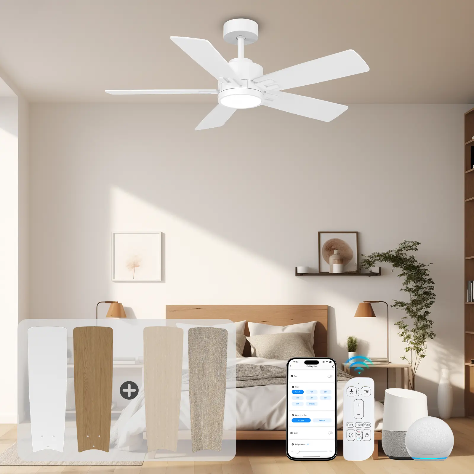 42/52/60 Inch Smart Ceiling Fans with Lights Outdoor Ceiling Fans for Patios Modern Smart Ceiling Fan with Remote& APP& Alexa Damp Rated Low Profile Ceiling Fan for Proch Exterior Indoor Led Floor Lamp