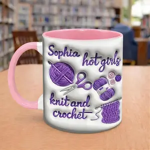 Custom Name Knitting Mug, Personalized Hot Girls Knit and Crochet Accent Mug, Yarn Lover Coffee Cup