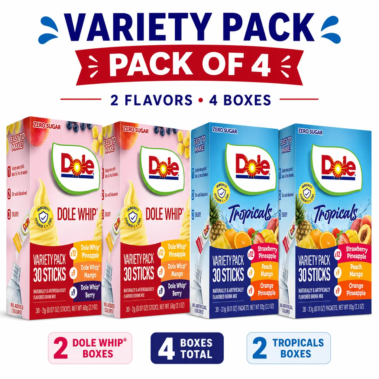 Dole 0 Sugar Powder Drink Mix Variety Pack - 4 Boxes with Tropical, Dole Whip, Pineapple, Mango, Berry, Strawberry Pineapple & Peach Mango Flavors