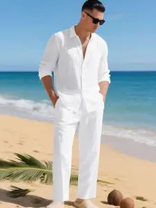 Men's Autumn Casual Linen Shirt Set, Loose Fit Long Sleeve Button Front Top & Plain Beach Pants, All Seasons Fashion