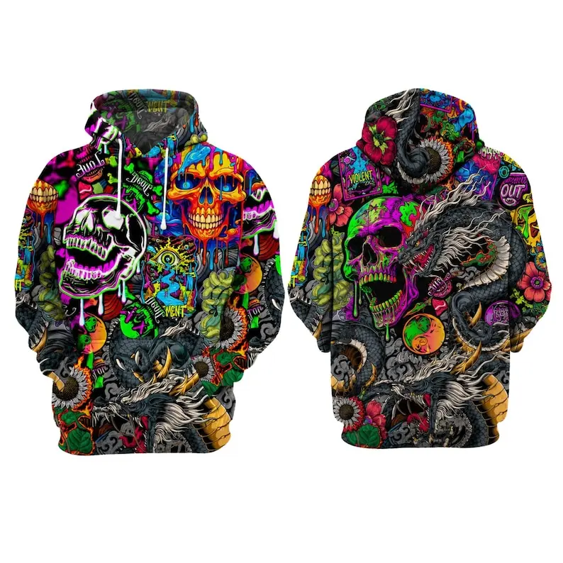 Neon Skull Dragon Hoodie, Graffiti Gothic Pullover, Unisex Streetwear Sweatshirt