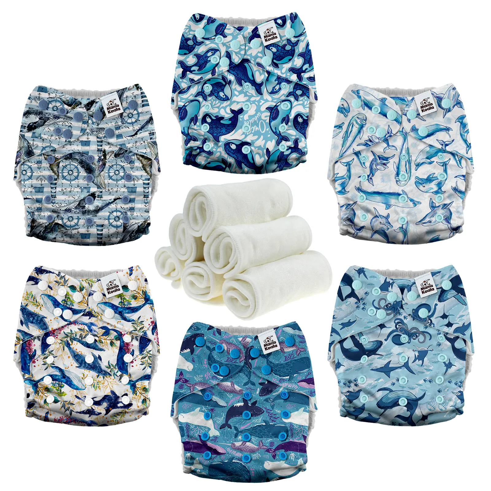 Mama Koala 3.0 Pocket Cloth Diapers for Babies with AWJ Lining, 6 Pack with 6 4-Layer Natural Cloth Diaper Inserts - Reusable and Washable Pocket Diapers(800A)