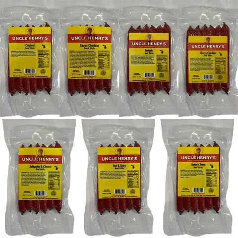 Uncle Henry's Gourmet Meats 7-Flavor Snack Pack - Mixed Beef Sticks, Beef Jerky, Hot & Spicy Dried Meat Snacks (7 oz Bags)
