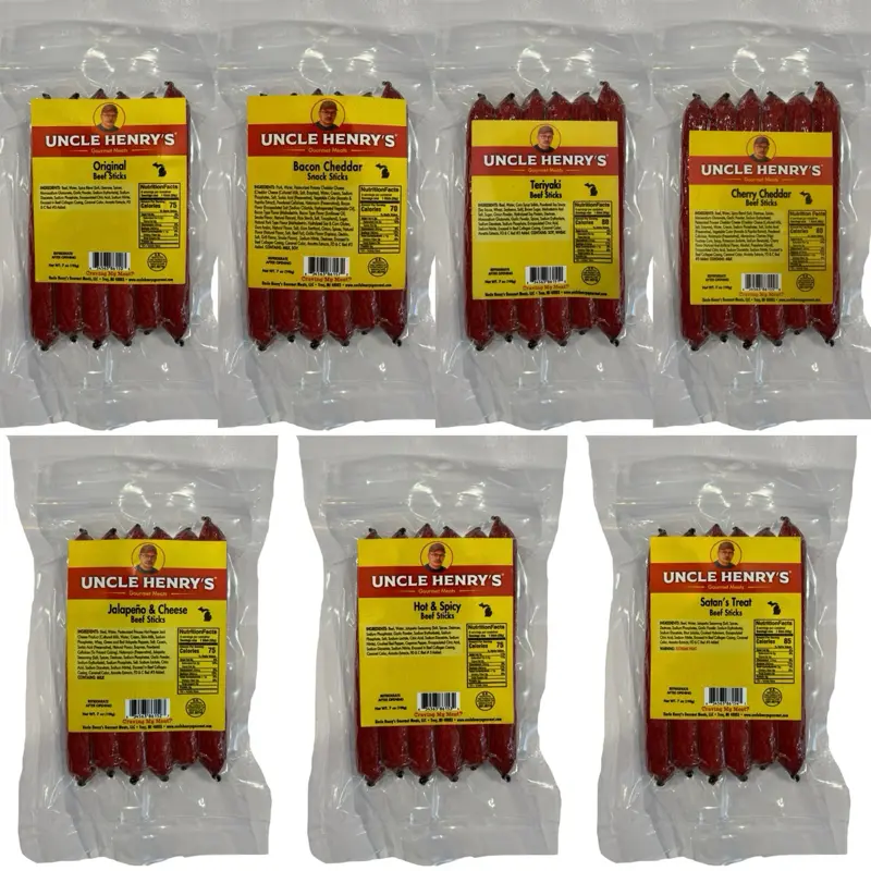 Uncle Henry's Gourmet Meats 7-Flavor Snack Pack - Mixed Beef Sticks, Beef Jerky, Hot & Spicy Dried Meat Snacks (7 oz Bags)