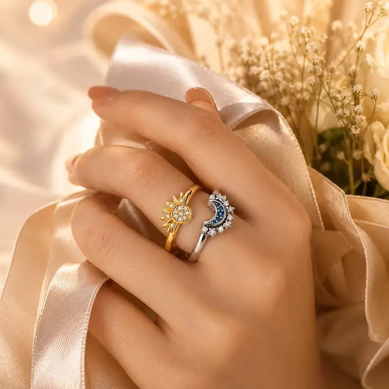 Dance of Sol and Mani Sun and Moon Ring Set, Celestial Adjustable Rings, Half Sun Moon Ring, Best Friend Rings, Couple Rings, Matching Promise Ring Gift for Her