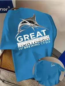 Men's Casual Fashion Print T-Shirt, Great Northern Brewing Co Blue Marlin Design, Lightweight Elastic, Summer Streetwear, Comfortable Fit