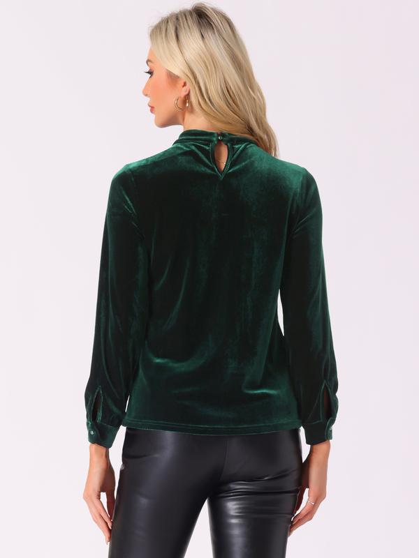 INSPIRE CHIC Velvet Top Stand Collar Long Sleeve Elegant Vintage Blouse Dark Green