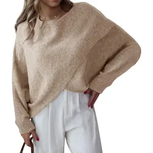 Imily Bela Womens Oversized Batwing Sweaters Long Sleeve Crew Neck Poncho Slouchy Knit Asymmetrical Pullover Tops