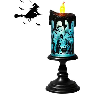 Halloween Flameless Candle Battery Operated with 6 Hour Timer, Blue Lights Witch Decals Tornado Lamp LED Candle Halloween Indoor Decor 4 x 10 Inches