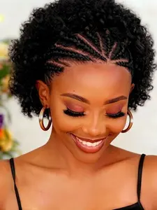10 Inch Afro Kinky Curly Human Hair Wig with Braids, 13x4 Transparent Lace Front, Short Curly Bob Wig for Women, Pre-Plucked Natural Hairline, Curly Wigs, Braided Wigs, Lace Braiding Wig