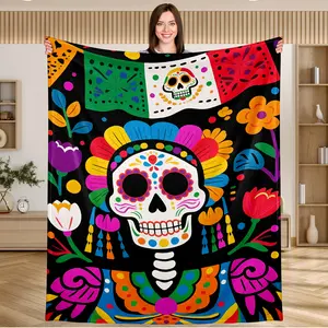 Flannel Throw Blanket 280GSM Vibrant Day of the Dead Design Soft Cozy Warm Comfortable Lightweight Portable for Living Room Bedroom Couch Gift for Día de los Muertos Halloween Birthday Mexican Culture Lovers