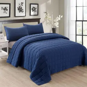 Queen Size Bedding Sets Navy Blue Bedspread, Soft Lightweight Pre-Washed Bed Set, 3 Piece Cozy Reversible Microfiber Bed Coverlet with Pillow Sham(Square Pattern,90"x90")