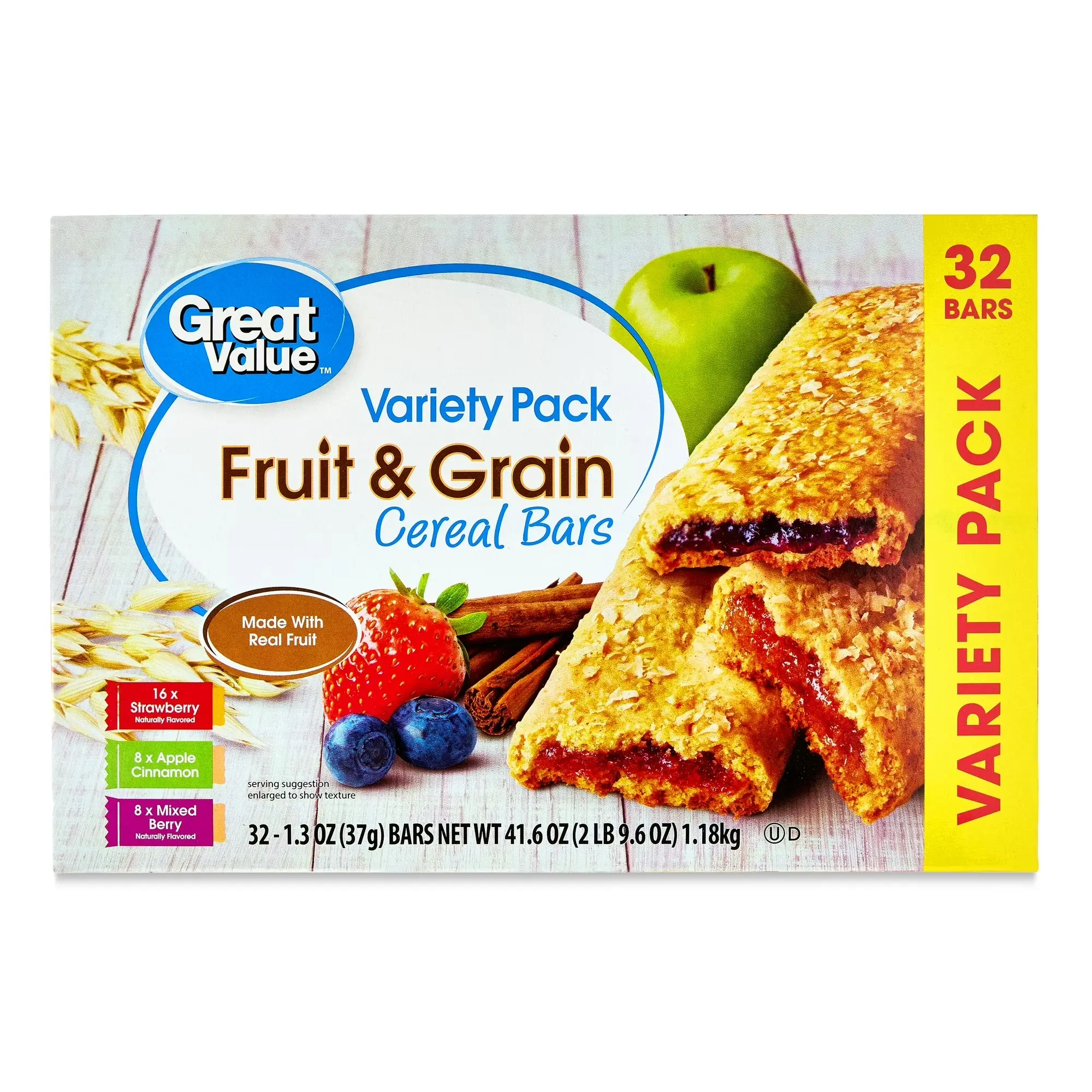 Great Value Fruit & Grain Cereal Bars Variety Pack, 1.3 oz, 32 Count