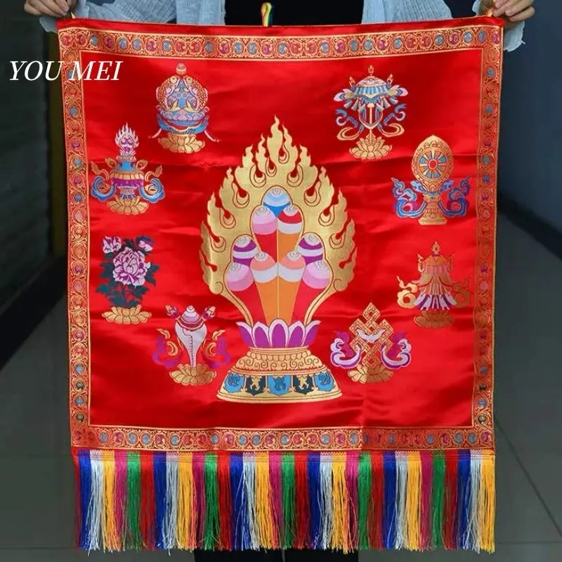 Tibetan-Style Flags Tablecloth,Embroidered Mani Treasure Red and Yellow Alta Pattern Hanging Banner,Buddhist Item Prayer Flag