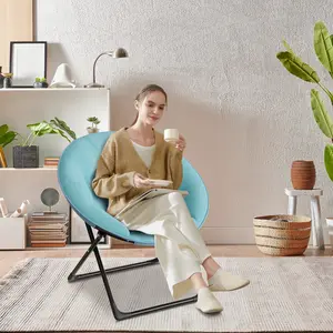 Folding Faux Fur Saucer Lounge Chair, Soft Padded Moon Chair with Sturdy Metal Frame, Lightweight Portable Accent Chair for Bedroom Dorm Apartment, Orange