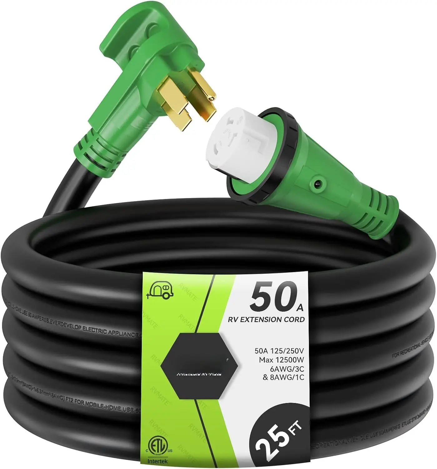 50 Amp 25  RV/Generator Lockable Power Extension Cord, Easy Plug in Handle, 14-50P to SS 2-50R with LED , ETL Listed
