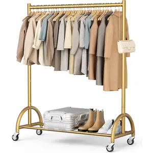 Heavy Duty Clothing Rack with Wheels Rolling Clothes Racks for Hanging Clothes, Coats, Garment, Dress, Gold