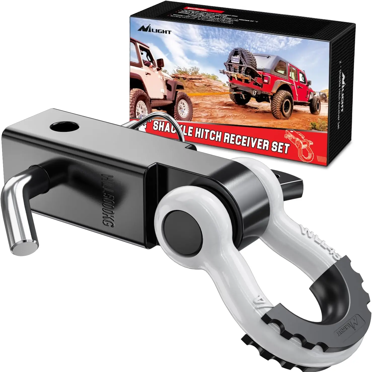 Nilight Drop Forged Steel Shackle Hitch Receiver Kit, 45000 LBs Breaking Strength, 3/4" D-Ring Shackle with Dual Hitch Pin Holes, Powder Coated Heavy-Duty Accessory for 2" Receivers, Pickup Trucks, SUVs, Suv, Off-Roading, Standard Fit
