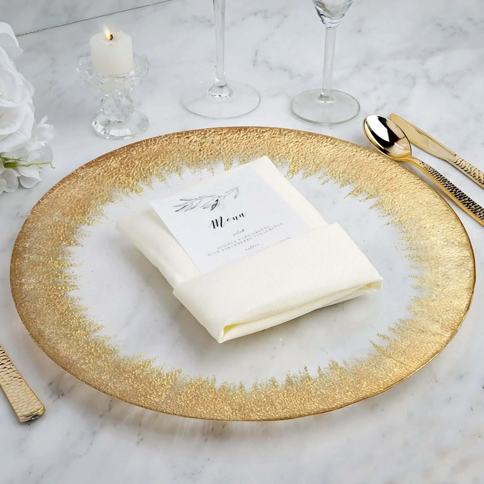 8-Pack Glass Charger Plates 13" Clear with Gold Spray Rim, Round Metallic Gold Dinner Charger Tableware