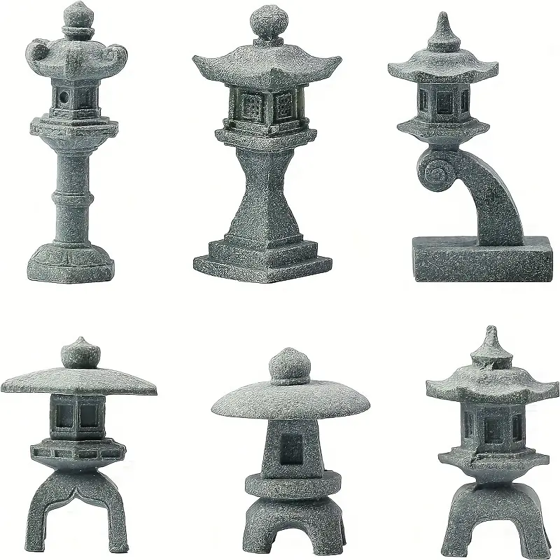 6-Piece Mini Japanese Lantern Pagoda Statue Set - Stone Collectible Figurines for Aquariums, Terrariums & Fairy Gardens, Zen Bonsai Landscape Decor, Seasonal Holiday Accents for Various Room Types - Indoor & Outdoor Use