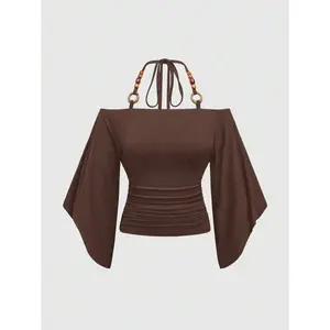 Women’s summer clothing, hippie retro loose off-shoulder T-shirt/top with wooden bead decoration and batwing sleeves, fabric-fit design, coffee brown color-block casual beachwear shirt with ruffled edges — GARMENTARY