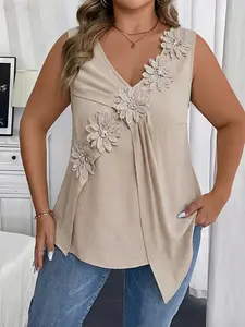 Plus Size Women's Sleeveless Floral Patchwork Casual Vacation Tank Top, Summer Fashion Flower Design, Comfortable Fit for Parties, Dates, Daily Wear, Womenswear
