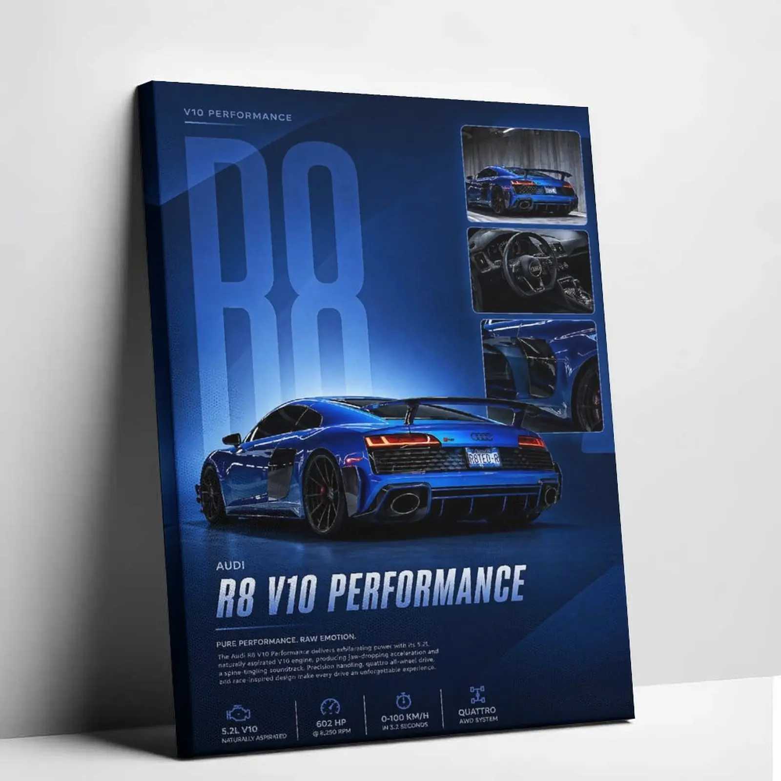 Modern Racing Blue Hypercar Canvas Wall Art Luxury Sports Car Poster Prints V10 Twin Turbo Vehicle Photo Collage Artwork Living Room Garage Man Cave Decor Picture Workspace Decoration