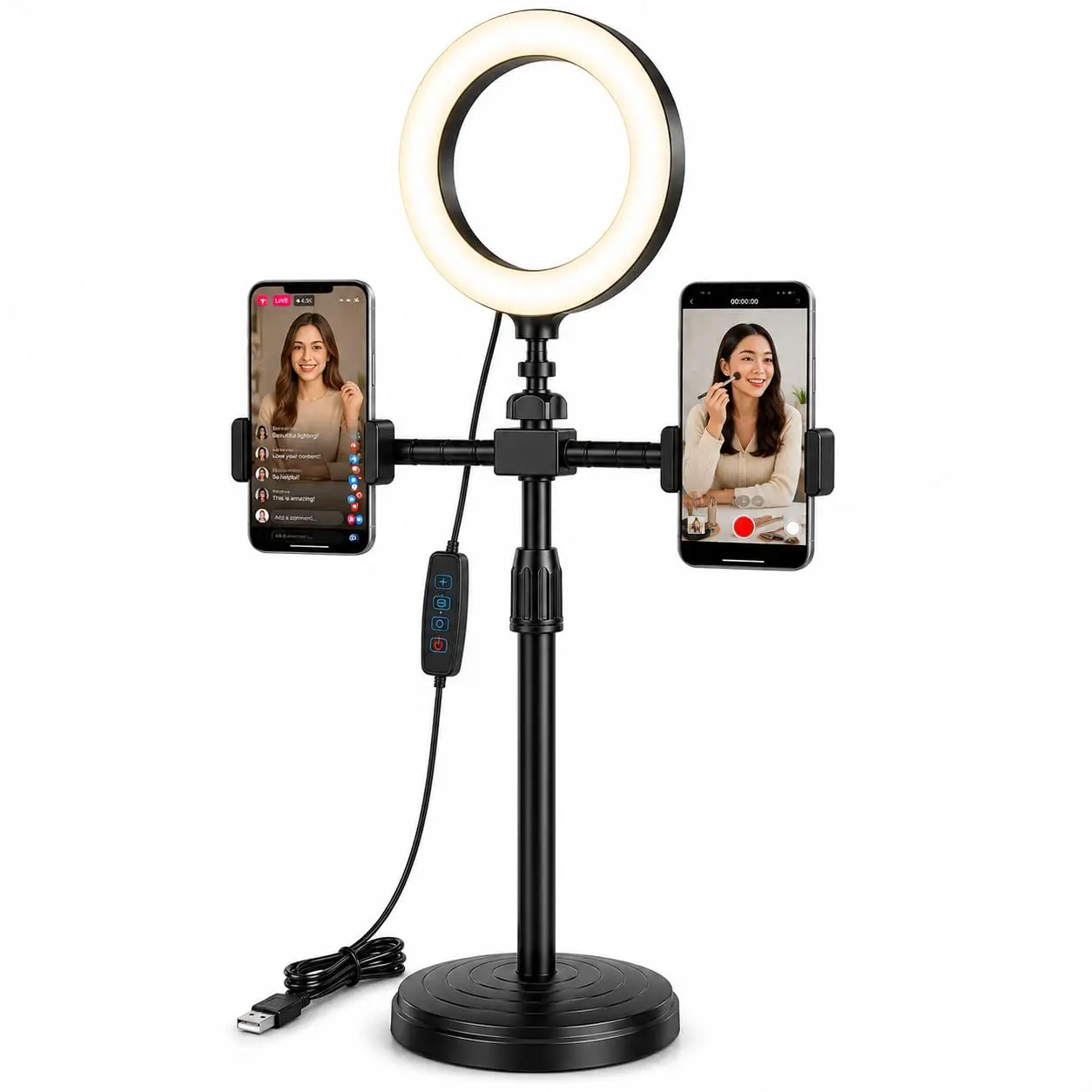 Acuvar 6" LED Ring Light with Dual Phone Holder, Desk Ring Light with Adjustable Stand, USB Selfie Light for Video Recording, Live Streaming, TikTok, Zoom, Makeup, YouTube & Video Calls