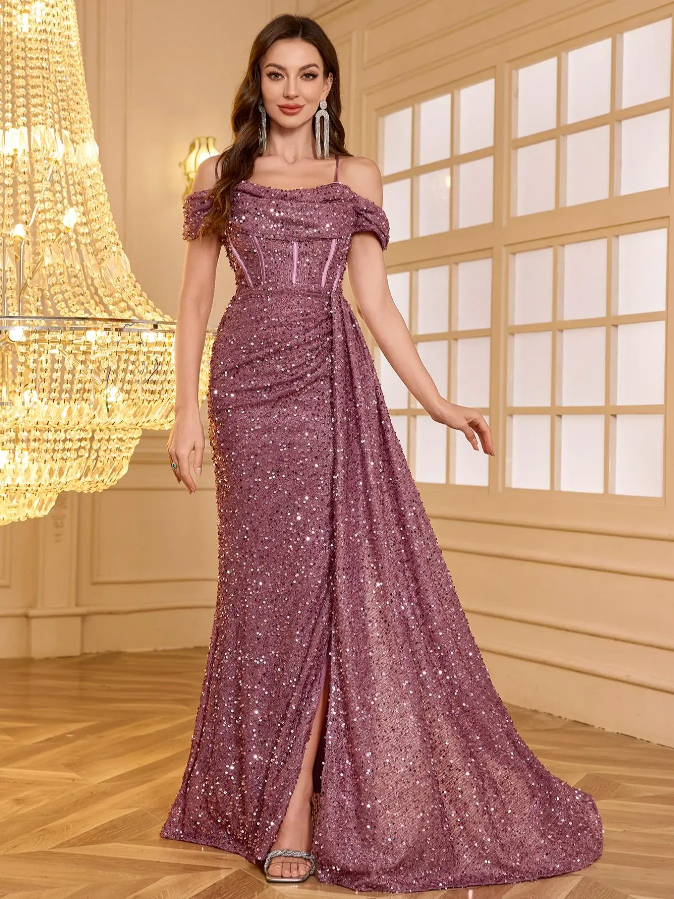 Women's Glitter Sequins Cold Shoulder Evening Dress, Elegant Open Back Bone Fish Tail Dress for Evening Party, Ladies' Clothes for All Seasons, Elegant Formal Dress, Embellished Glam Gown
